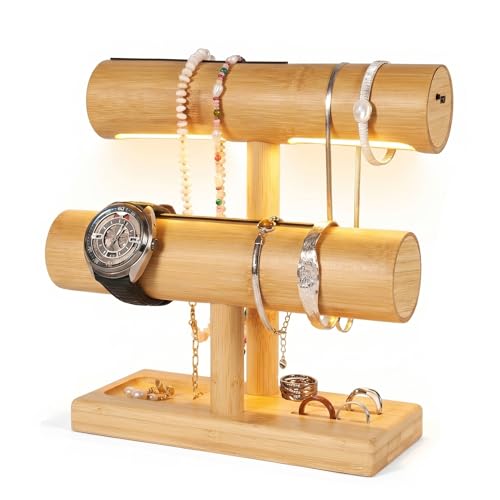 LED Bamboo Jewelry Organizer Stand - Bracelet Holder,...