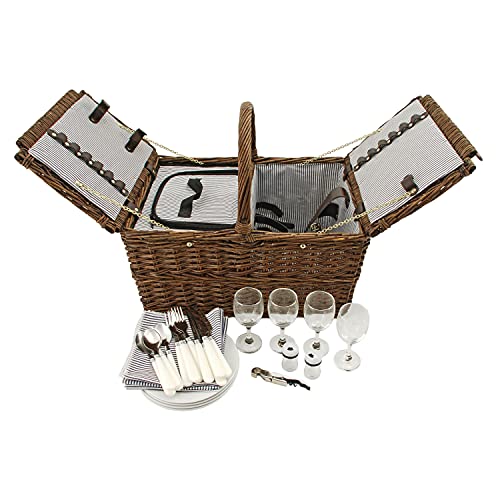 Twine Cape Cod Wicker Basket with Insulated Compartments, Service for 4 – Includes Silverware, Plates, Napkins, Wine Glasses, Shakers, and Corkscrew, Perfect for Picnic, Outdoor Party -  2629