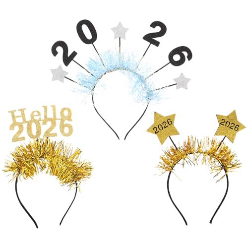 SHERCHPRY 3 Piezas Diademas de Año con Estrellas Brillantes y Lentejuelas Accesorios para Fiesta de Nochevieja Cintas para Cabello Suaves y Cómodas para Celebraciones Festivas