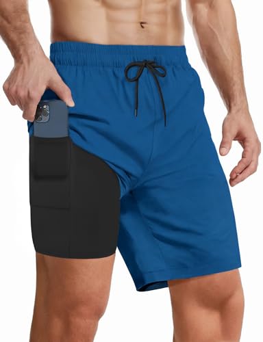 Mens Swim Trunks with Compression Liner 7 Inch Inseam Quick Dry Swim Shorts Mens Bathing Suit Board Shorts with Pockets 2 in 1 Blue XL