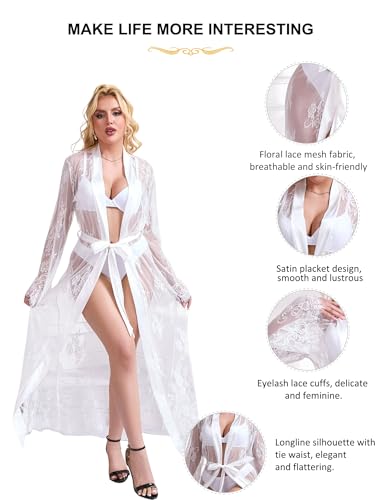 comeondear Sexy Lace Sheer Robe for Women Plus Size See Through Lace Nightgown Sheer Swimsuit Cover Up with Belt4