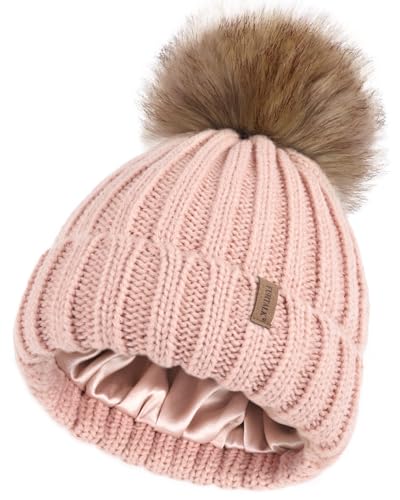 Image of FURTALK Toddler Beanie Satin Lined Baby Boys Girls Winter Hats Pom Pom Beanies for Kids Light Pink