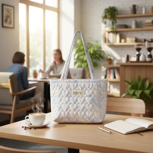 Image of Floral Quilted Cotton Shoulder Bag for Women Daily Use Medium Size Handbag Large Capacity Thickened Design Tote