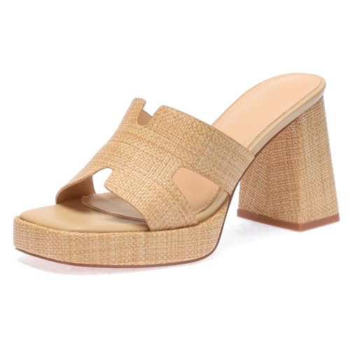 Monrovia Womens Chunky Platform Block Heels, Summer Woven Raffia Heeled Sandals,Vacation Tan Slip-On Raffia Wedge Platform Heels for Women Apricot Size 8