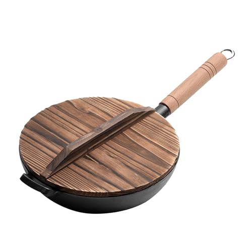 Wok de hierro fundido chino con tapa y mango de madera