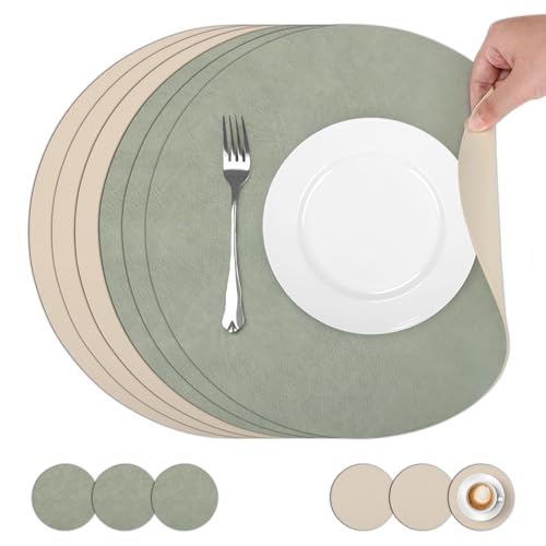 comfoyar Set di 6 Tovagliette Americane e Sottobicchieri Doppio Lato Verde Bianco Rotondo, Antiscivolo in Pelle Tovagliette Americane lavabili e Impermeabili per Cucina, Tavola di Feste 33x33cm