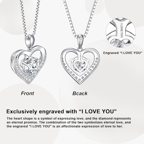 Image of Moissanite Necklace for Women, Heart Pendant Engraved 'I Love You' Gifts for Wife, Valentine's Day Gift Anniversary Eternity Birthday Present Sterling Silver Jewelry for Her
