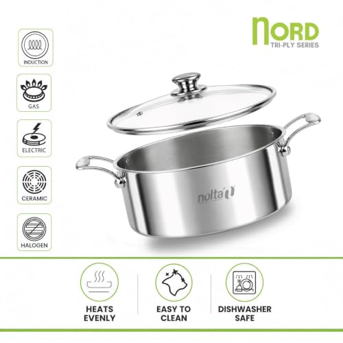 Image of NOLTA 3.5L Triply Biryani Pot, Induction Base, 5yr Warranty, ISI Certified | Heavy Bottom, 100% Food Safe, Consumes Less Oil, Biriyani Handi / Curry / Stew Pot with Glass Lid (24cm dia)