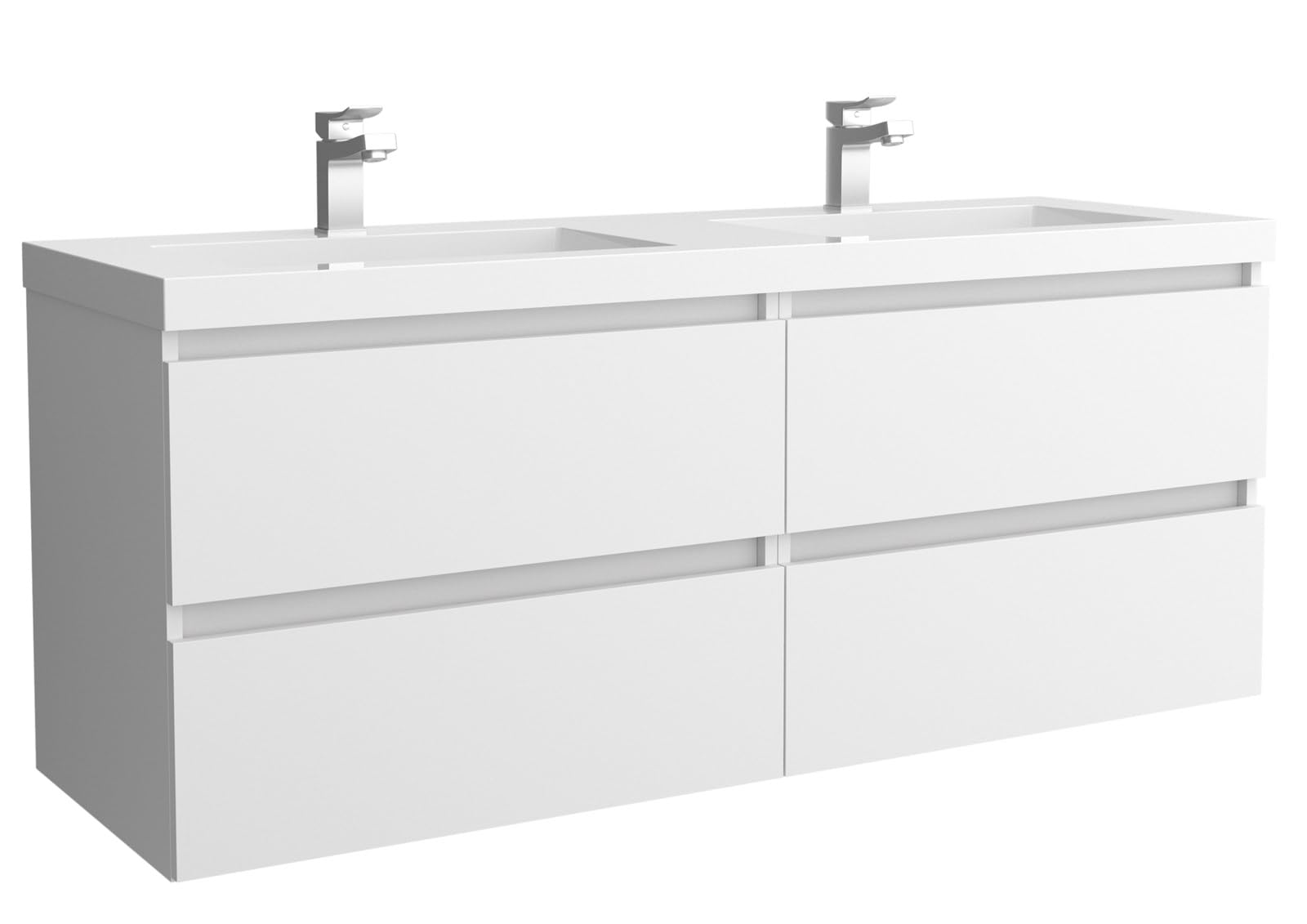 Salgar Mueble de baño Bequia 140 cm 100% montado de fábrica Acabado Mate suspendido 4 cajones Cierre amortiguado Apertura con uñero Lavabo 2 pozas Porcelana Blanco Mate