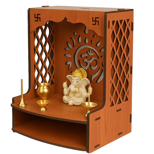 Image of UPYOG Wooden Pooja Stand for Home | Wall Mounted Temple Mandir with LED Spot Light | Compact Puja Mandir for Home & Office (15.5 x 11.5 x 11 Inch)