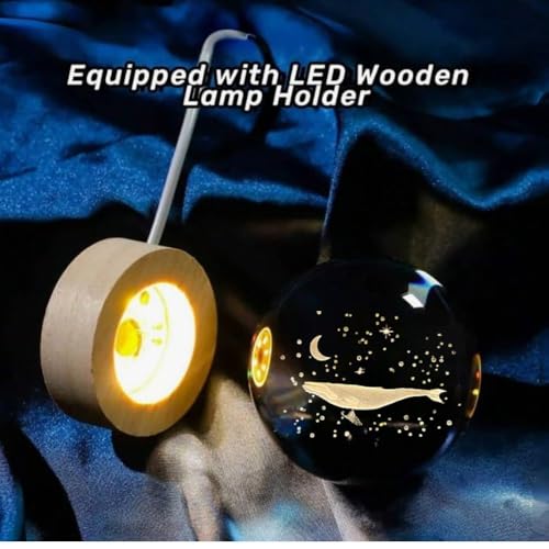Image of Fish 3D Crystal Ball Night Light with LED Wooden Stand - Glass Sphere Aquarium Style Lamp for Room Decor & Unique Gifts