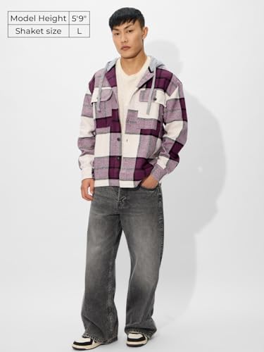 Image of The Souled Store Plaid Hooded Shacket: Mauve Mist Men and Boys Long Sleeves Hooded Neck Button Front Cotton Oversized Shackets