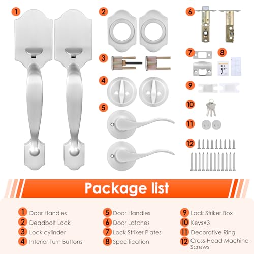 Image of Haidms Front Door Lock Set With Double Door Handle and Deadbolt - Brushed Nickel, Heavy Duty Handleset With Dummy, Reversible Handle Lever - Silver Hardware Set