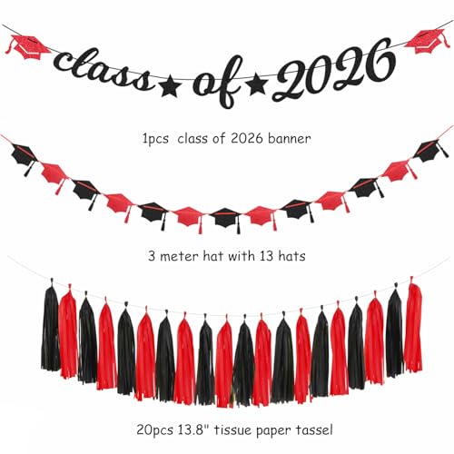 Image of Black Red Graduation Party-Decorations Garland - 36pcs Congrats Grad Class 2026 Banner,Hat Hanging Streamer,College High School Congratulations Master Celebration Classroom Backdrop Decor Burgleda
