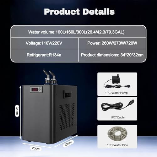 100L/160L/300L Aquarium Chiller & Water Cooler with Hoses, Pumps, and Compressor Refrigeration for Fish Tanks & Ice Baths - Ideal for Aquatic Plants & Marine Life