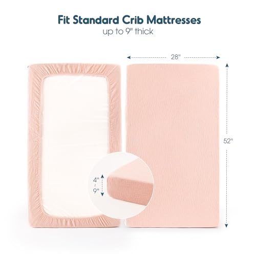 Image of GRSSDER 100% Cotton Muslin Crib Sheet 2 Pack - Breathable & Ultra-Soft Fitted Crib Sheets for Standard Baby & Toddler Mattresses, 52 inchx28 inch with 9 inch Deep Pocket, Snug Fit All-Around Elastic, Pink Floral