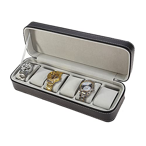 WUSILILU 6 Slots Portable Watch Box, Waterproof Travel Zipper Watch Collector Storage Jewelry Box Case, Multifunction Storage Organizer for Cufflinks, Earrings, Bracelets (13 * 4.3 * 2.95inch)