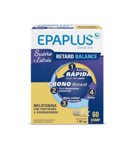 EPAPLUS Sleepcare Melatonina Retard Balance, 60 Comprimidos, con Triptófano + Ashwagandha, Ayuda a Conciliar El Sueño y en Periodos de Estrés, Liberación Prolongada