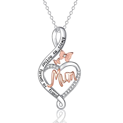 Image of ADVIOK Mum Necklace Gifts, Sterling Silver 925 Chain Butterfly Heart Pendant Cubic Zirconia for Mum Mother Mama