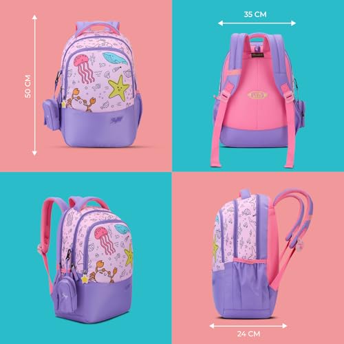 Image of Skybags Ruby Soft Feel Fabric 3 Compartments 2 Bottle Pockets Detachable Happy Pouch 22 Liters School Backpack For Girls