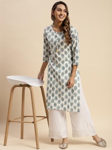 Image of rangita White Rayon Calf Length Printed A-line Kurti for Women | Kurta for Women