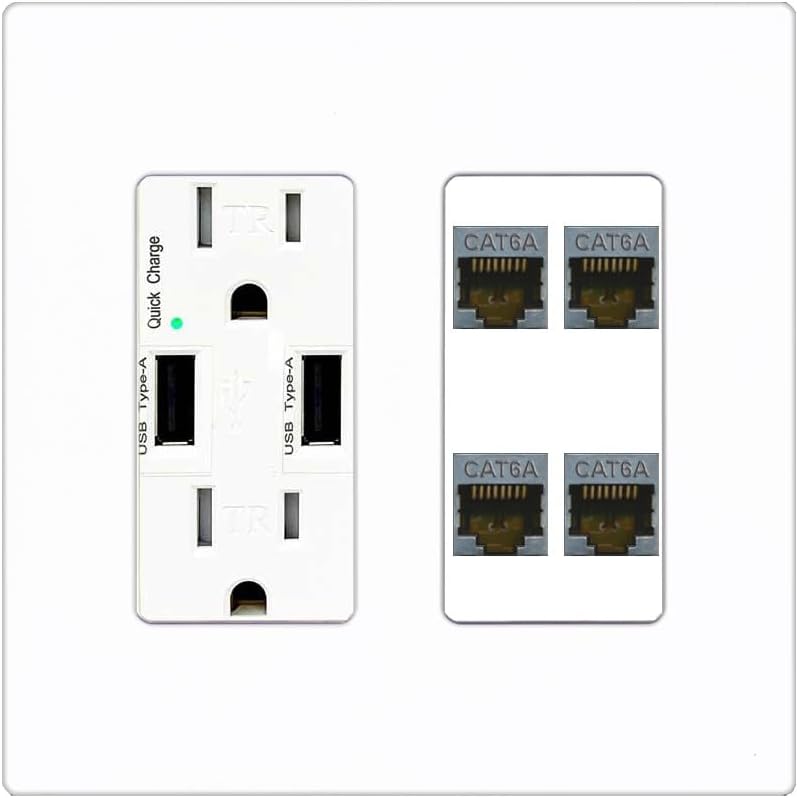RiteAV - 4 Port Cat6A Ethernet Wall Plate - USB Outlet [Black/White]