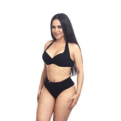 Biquíni plus size meia taça com bojo transpassado e calcinha borboleta (Preto, G)