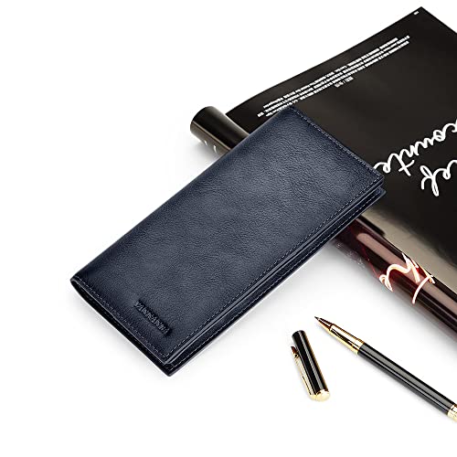 VANNANBA Bifold Long Slim Leather Wallet for Men,RFID Blocking Credit Vintage Card Holder for Checkbook with ID Window (blue)3