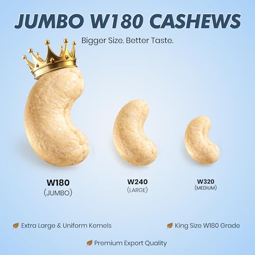 Image of farm2nut W180 Extra large Size Cashew Nuts (250g) | 100% Natural Whole Kaju | Airtight Jar | Fresh & Crunchy nuts