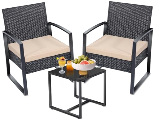 Kromax 3 Pieces Patio Outdoor Wicker Bistro Furniture Set, Conversation Set, 2 Chairs Plus Table, for Porch, Balcony, Patio, Black Frame with Brown Cushion