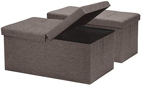 Otto & Ben [2pc Set] Folding Toy Box Chest with SMART LIFT Top Linen Fabric Ottomans Bench Foot Rest for Bedroom and Living Room, 30", Brown