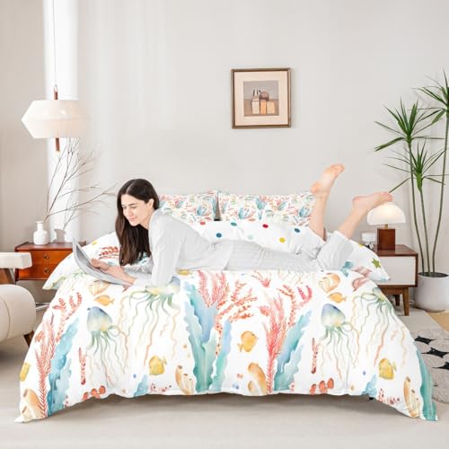Housse couette aquarelle océan corail reine 3 pcs literie
