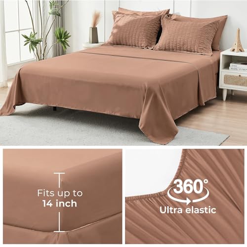 Image of HYMOKEGE Mocha Mousse Full Size Comforter Sets Seersucker 7 Pieces, All Season Luxury Bed in a Bag for Bedroom, Bedding Set with Comforter, Sheets, Pillowcases & Shams