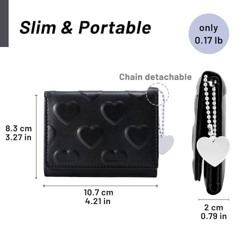 Womens Wallet Small Trifold Slim Leather Cute Wallet Cash Pocket with Heart chain Coin Purse ID Window Card Holder for Girls and Ladies (Black)3