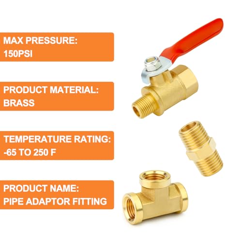 Image of GASHER 6PCS 1 /8 Inch NPT Brass Pipe Fitting, Ball Valve, Barstock Tee Brass Pipe Fitting and Air Hose Fitings