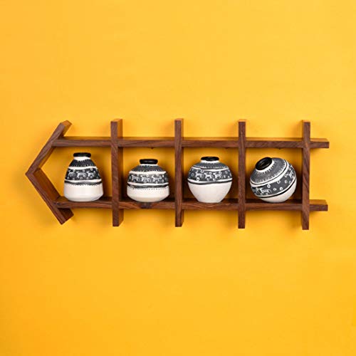 Image of AAKRITI ART CREATIONS Ladder Wall Decor 4 White Handcrafted Warli Pots | Wooden Wall Hanging Shelf Terracotta Vases | Matte Finish Decorative Wall Art for Living Room, Entryway & Gifting