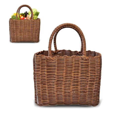 Tasche Einkaufskorb Geflochten, Korbtasche Handtasche, Strandtasche Stroh Kunststoff Shopper, Boho Basttaschen Damen Sommer, Wasserdicht Einkaufstasche (Braun)