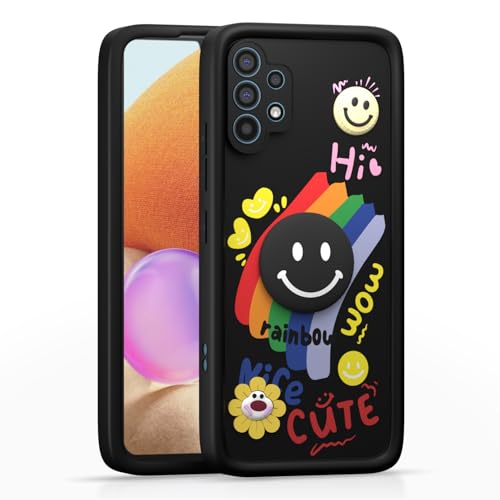 Image of Pikkme Back Cover for Samsung Galaxy A32 4G | Soft Silicone| Cute Rainbow Smile & 3D Cartoon Flower Design | Shockproof Raised Camera Protection Bumper Case (Black)