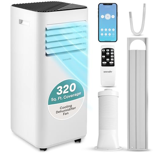 SereneLife Portable Air Conditioner 10000 BTU - 3-in-1 Compact Standing Air Conditioner for Room Up to 320 Sq. Ft. - Floor AC Unit with Remote Control - Universal Casters, Window Mount Kit