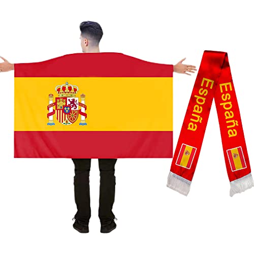 Chennyfun Bandera Bufand España 2pcs, Tamaño Bandera España 90x150cm Bandera Mundial Fans Support para Bar Deportivos Eventos Internacionales Celebración España World Cup Flag Cover