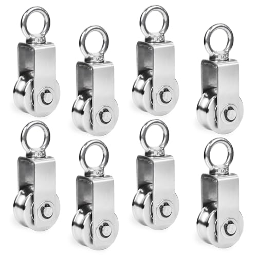 Cable Pulley Wheel Stainless Steel, 8 Pack M34 Single Pulley Snatch Block, Heavy Duty Lifting Crane Swivel Hook, Bearing Inside Rope Pulleys for Lifting System Gym Equipment Clothesline, 551 lbs Load