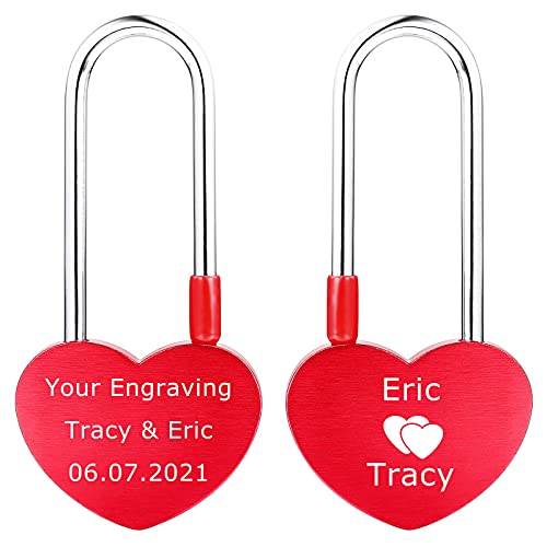 INBLUE Personalized Heart Shaped Love Lock Custom Name Date for Couple Boyfriend Girlfriend Him & Her Love Bridge Aluminum Padlock Valentine Lover Gift