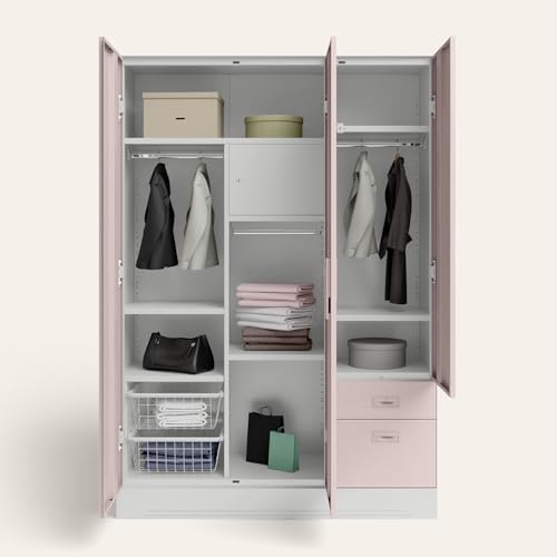 Image of Interio by Godrej Slimline Blend 3-Door Steel Almirah with Mirror (Dusky Peony), 1-Year Warranty, 1 Locker, 2 Drawers