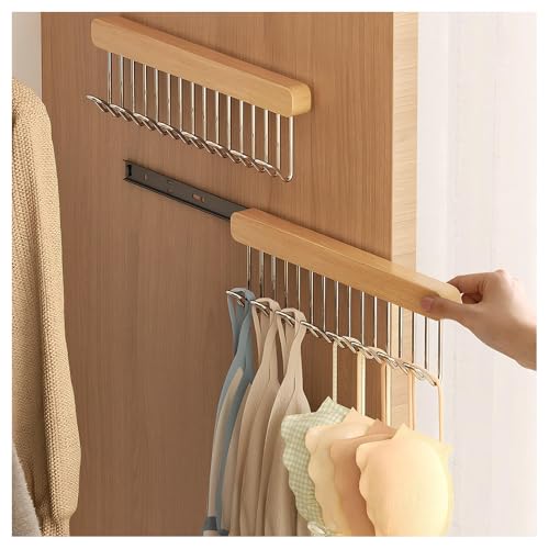 2 Pack Pull Out Belt Hanger for Closet, Wooden Tank Top Bra Hanger, Space Saving Coat Hooks Wall Mounted Hanging Organizer for Tie Belt Scarf Camisole (8 Hooks, Right Pull)
