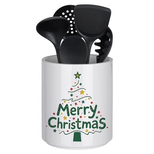 Allybyme Christmas Utensil Holder Ceramic Cooking Utensil Holder for Kitchen Counter Green Xmas Tree Utensils Holder, Large Spatula Holder Glossy White Christmas Gift Kitchen Decor （6.5”H x 5.5”D）