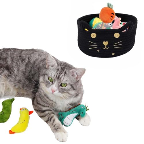 Image of Woven Rope Storage Basket, Cute Cat Toy Basket for Living Room, Baby Basket for Nursery, Gift Basket Empty for Baby Shower 8.3 x 4.7 inches,Black