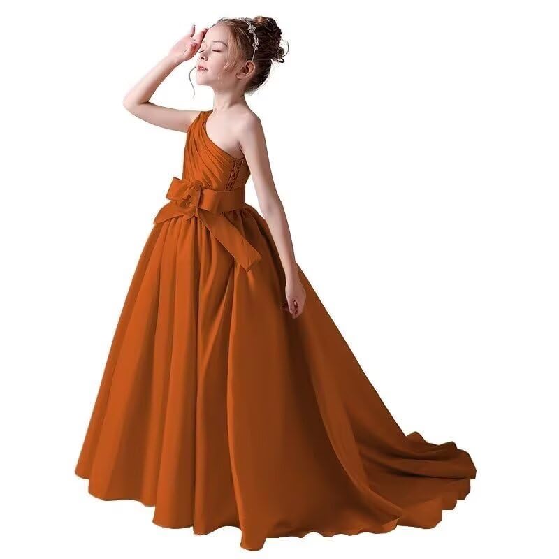 One Shoulder Flower Girl Dress with Bow Satin Pleated Pageant Dress Girls First Communion Dresses Party Ball Gown