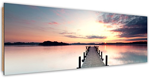 Feeby Frames, Tableau mural, Tableau Déco, Tableau imprimé, Tableau Deco Panel, Panoramique 53x158 cm, PONT, LAC, EAU, COUCHER DE SOLEIL, VUE, VIOLET