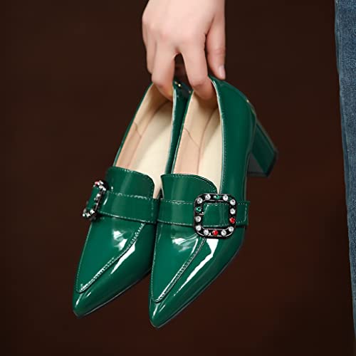 Women's Classic Buckle Slip On Loafers Pumps Pointed Toe Rhinestone Block Heel Office Dress Shoes3