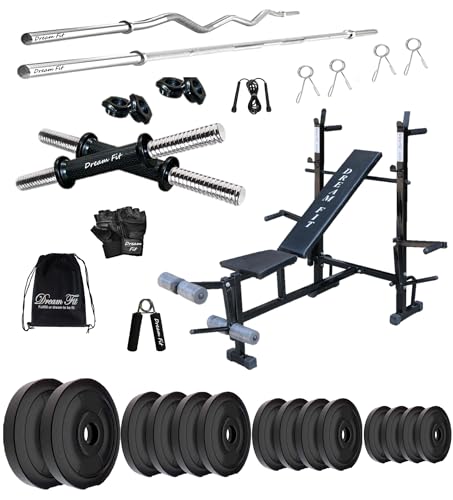Image of DREAM FIT PVC Home Gym Set - 56 Kg with 8in1 Gym Bench, 3 ft Curling Rod, 5 ft Straight Rod, 1 Pair Dumbbell rods and Gym Accessories (56kg)